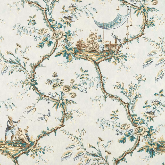 Ivory fabric with muted blue-green flowering branches, figures and suspended scenic motifs