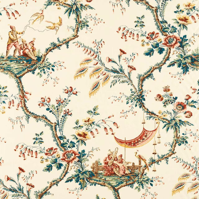 Russet and teal chinoiserie branches with musicians on a cream fabric ground