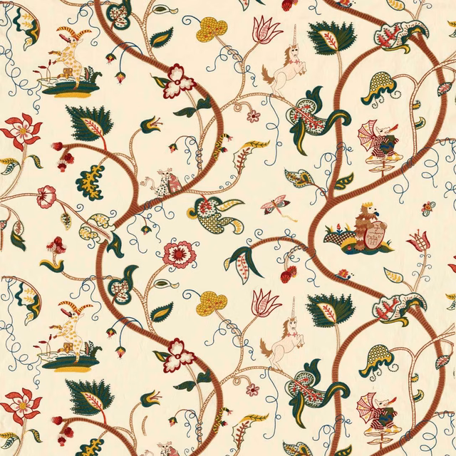 Warm cream tapestry fabric with brown vines, red flowers, green leaves and whimsical birds