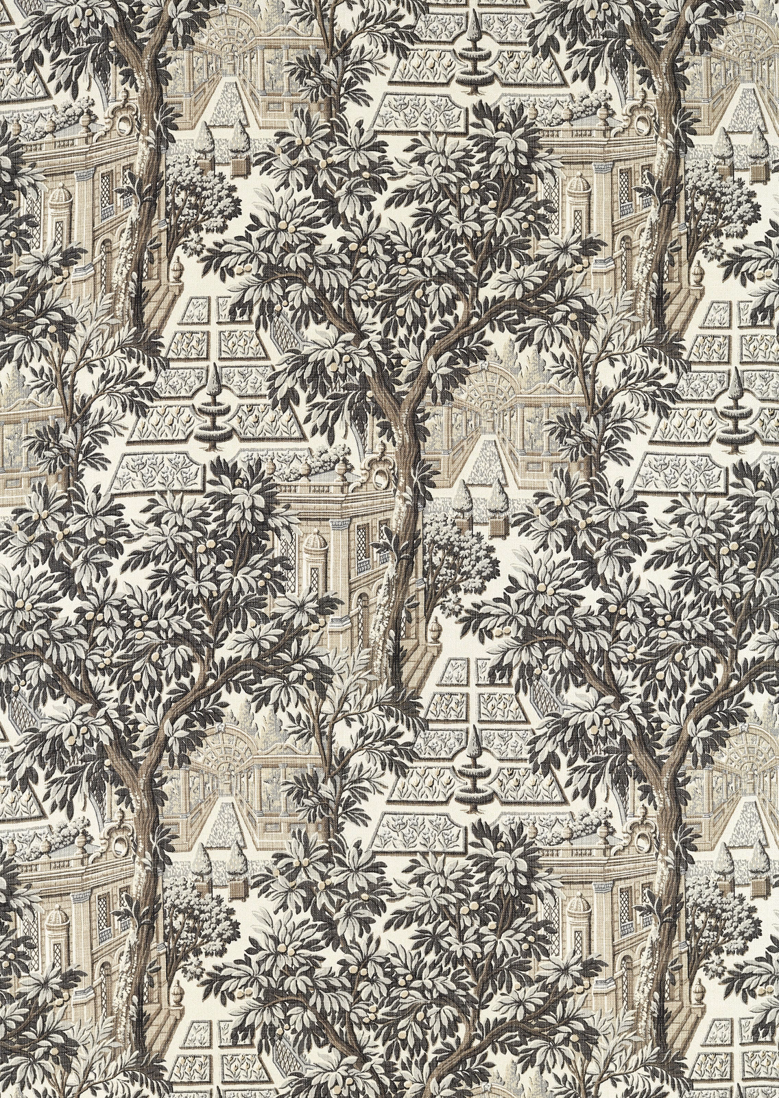 Cool grey and ivory fabric showing ornate garden architecture, urns and dense leafy trees