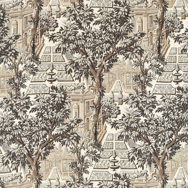 Cool grey and ivory fabric showing ornate garden architecture, urns and dense leafy trees