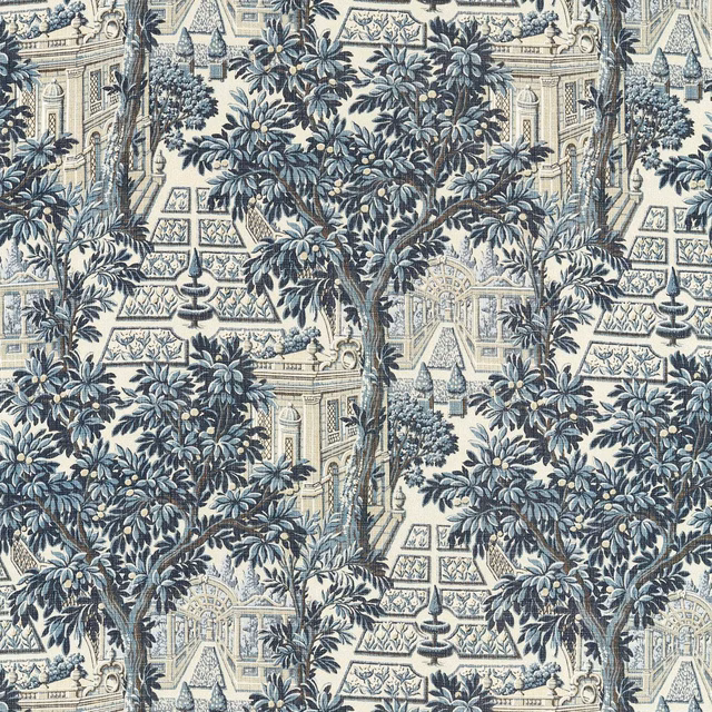 Cool indigo foliage and classical garden architecture on a cream ground