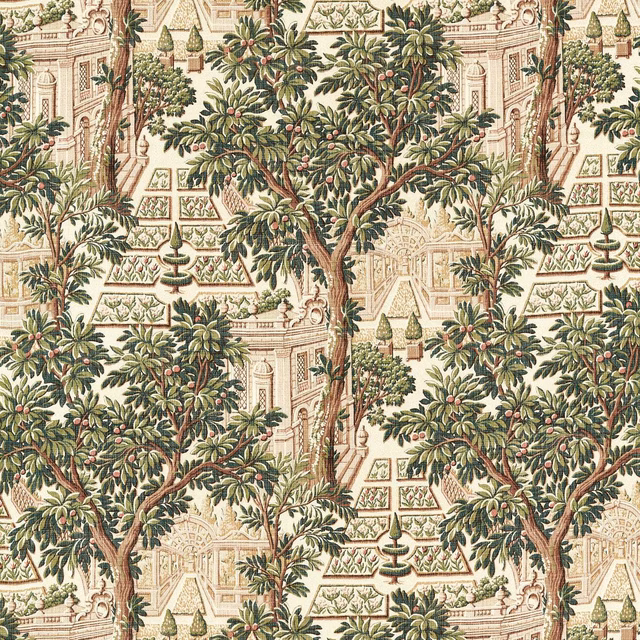 Tuscan pink garden textile with olive trees, cream terraces and classical fountains