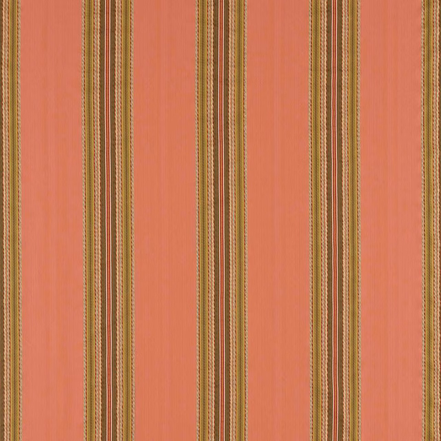 Muted Venetian red striped fabric with olive, gold, cream and brown woven bands