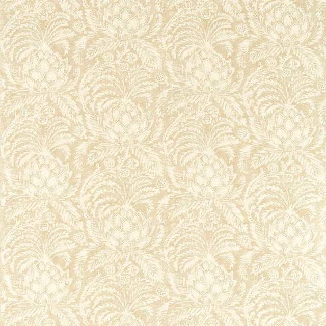 Warm ivory-beige woven fabric with repeating pale botanical medallions and tactile texture