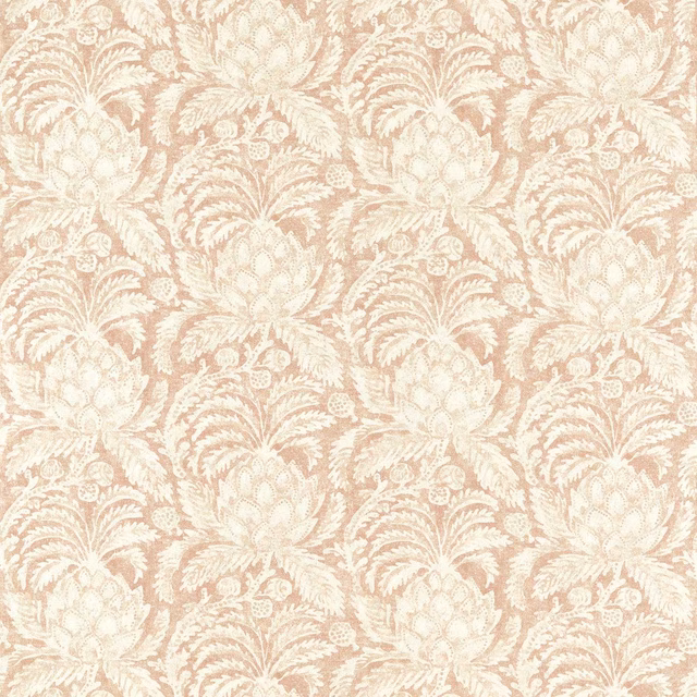 Pale Tuscan pink woven damask with cream botanical fans and floral medallions