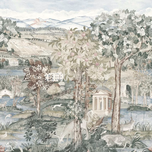 Cool blue-grey scenic wallpaper with trees, distant hills, water and blush flowers