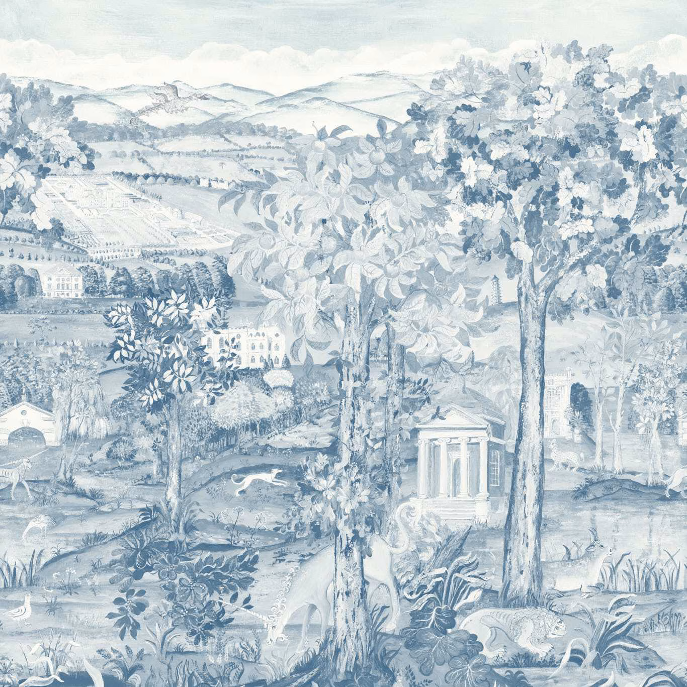 Cool Wedgwood-blue pastoral wallpaper with tall trees, distant hills, foliage and classical pavilion