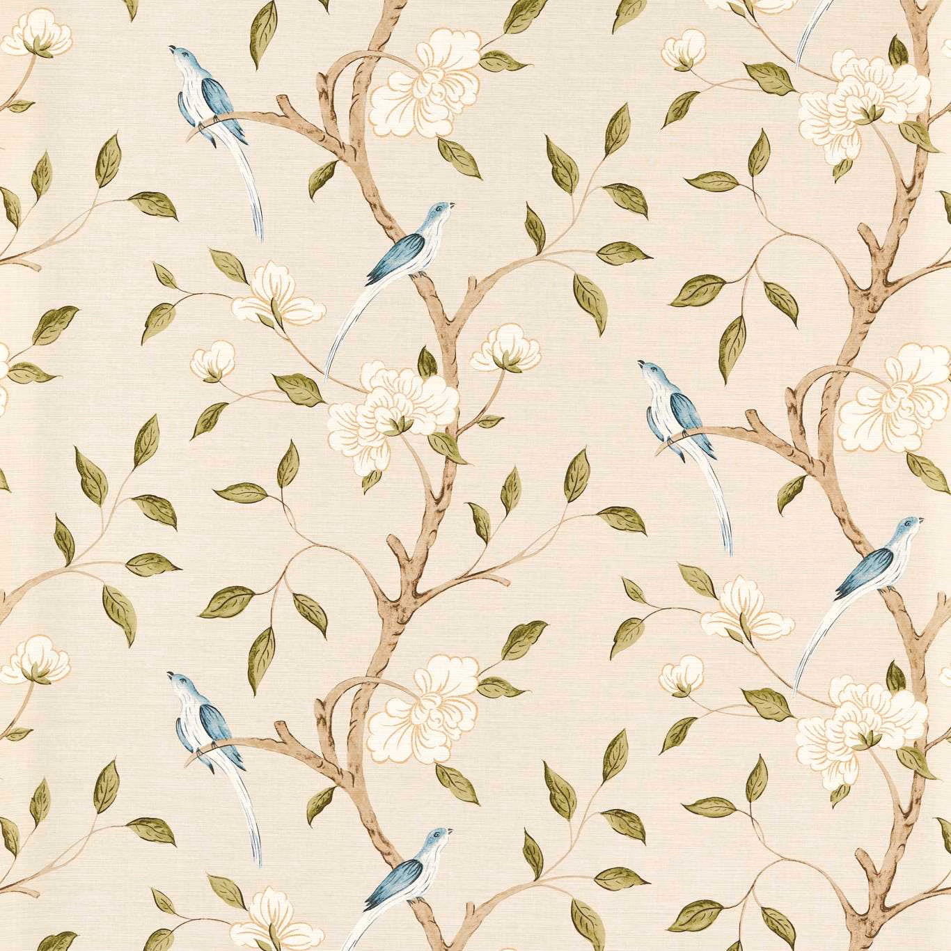 Warm cream botanical wallpaper with blue birds, ivory flowers and olive leaves