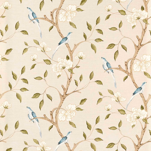 Warm cream botanical wallpaper with blue birds, ivory flowers and olive leaves