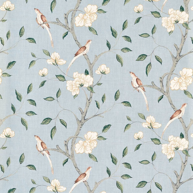 Powder blue wallpaper with russet birds, white blossoms and branching grey stems