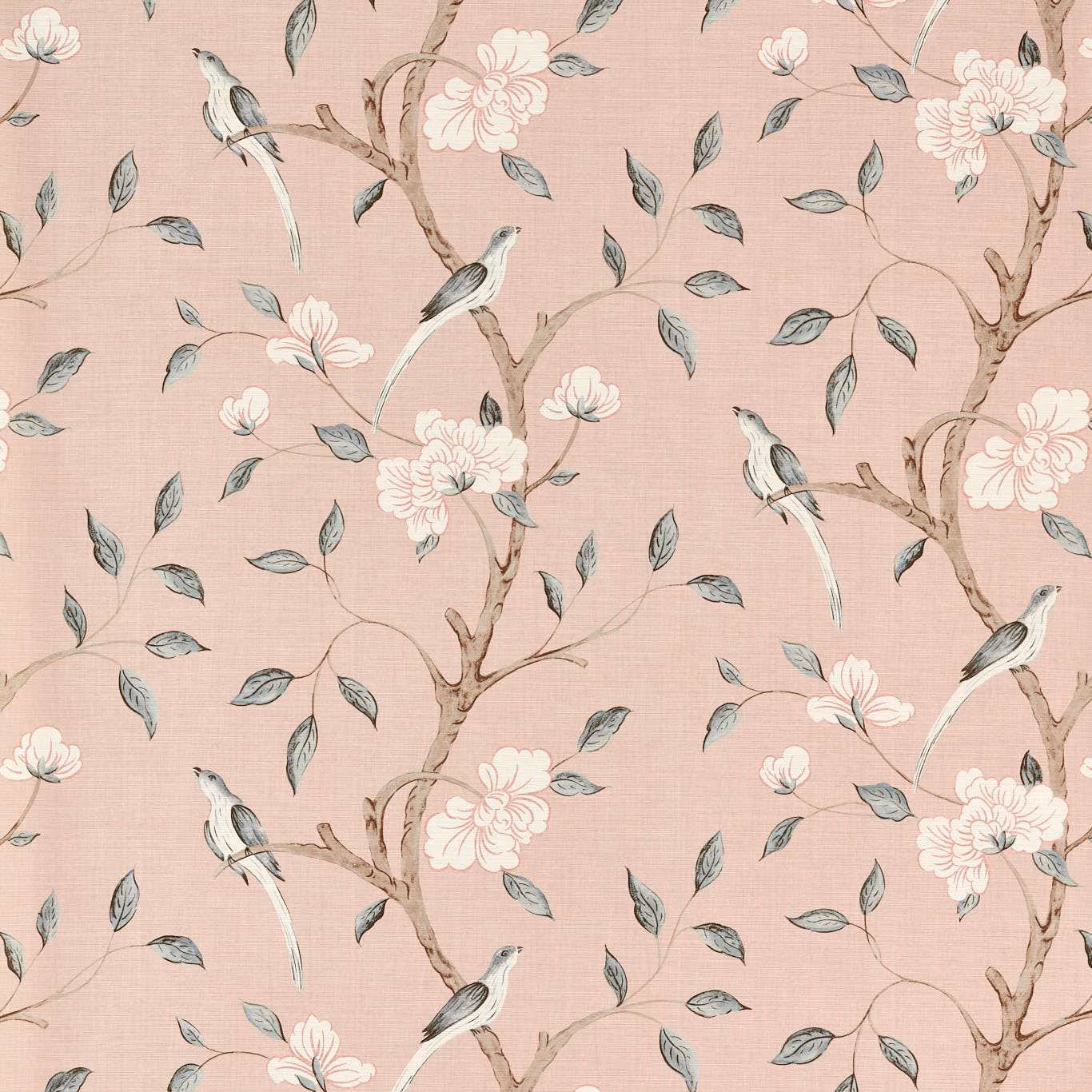 Dusty Tuscan-pink wallpaper with blossom branches, grey-blue leaves and perched birds