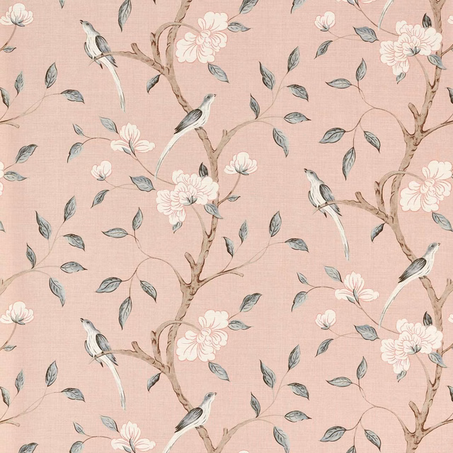 Dusty Tuscan-pink wallpaper with blossom branches, grey-blue leaves and perched birds