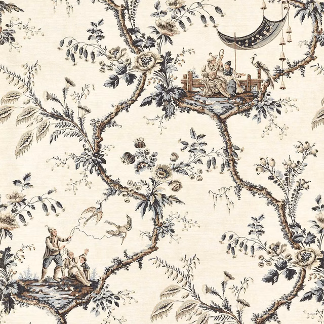 Cream wallpaper with charcoal chinoiserie branches, musicians, figures and floral sprays