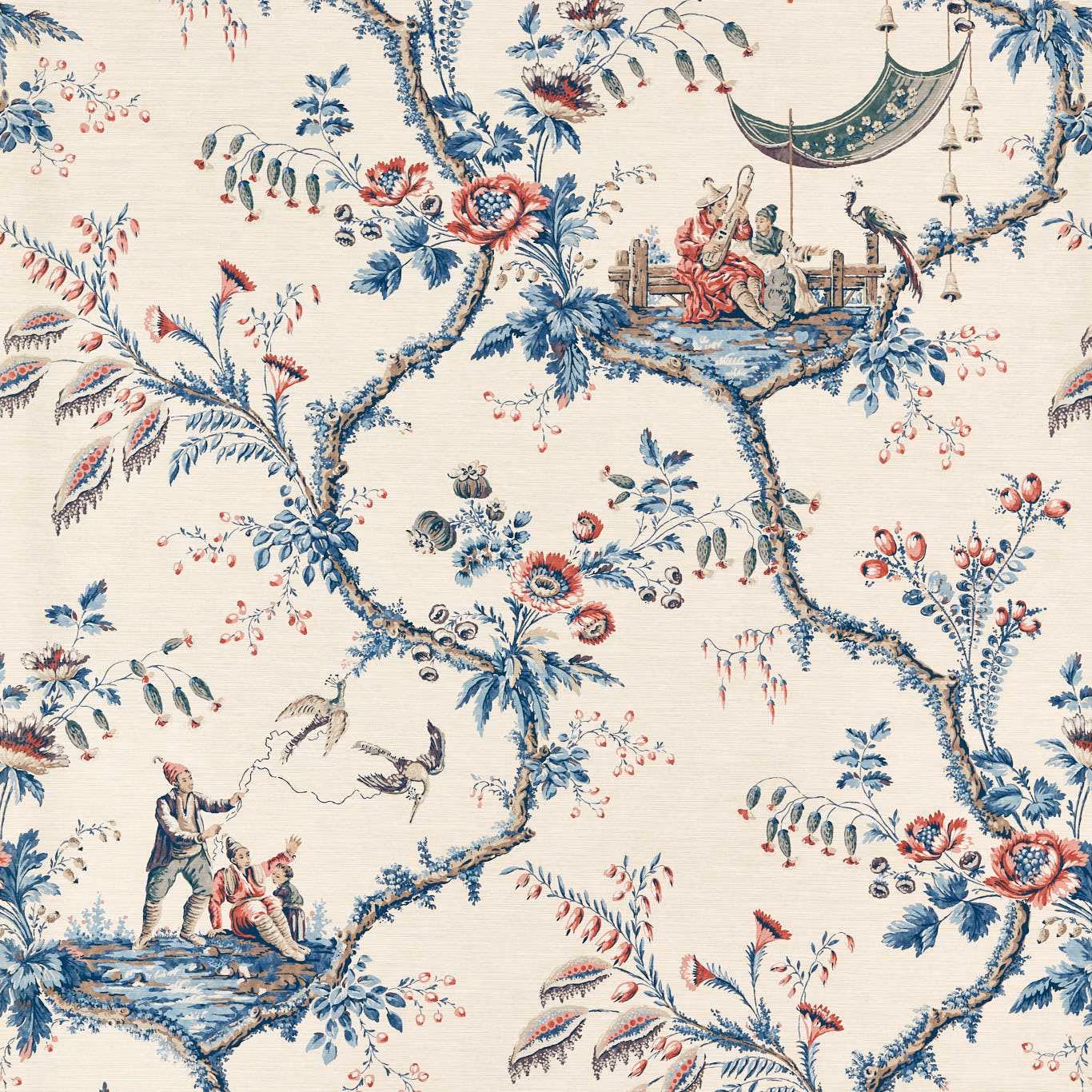 Indigo chinoiserie branches, figures and coral flowers across an ivory ground