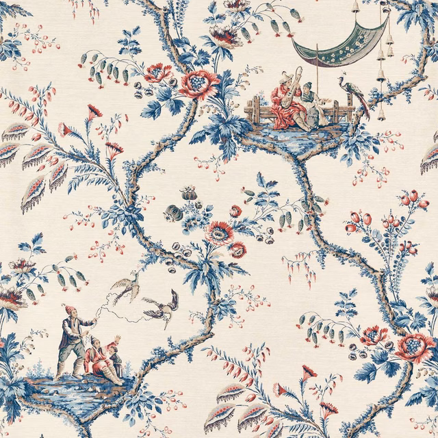 Indigo chinoiserie branches, figures and coral flowers across an ivory ground