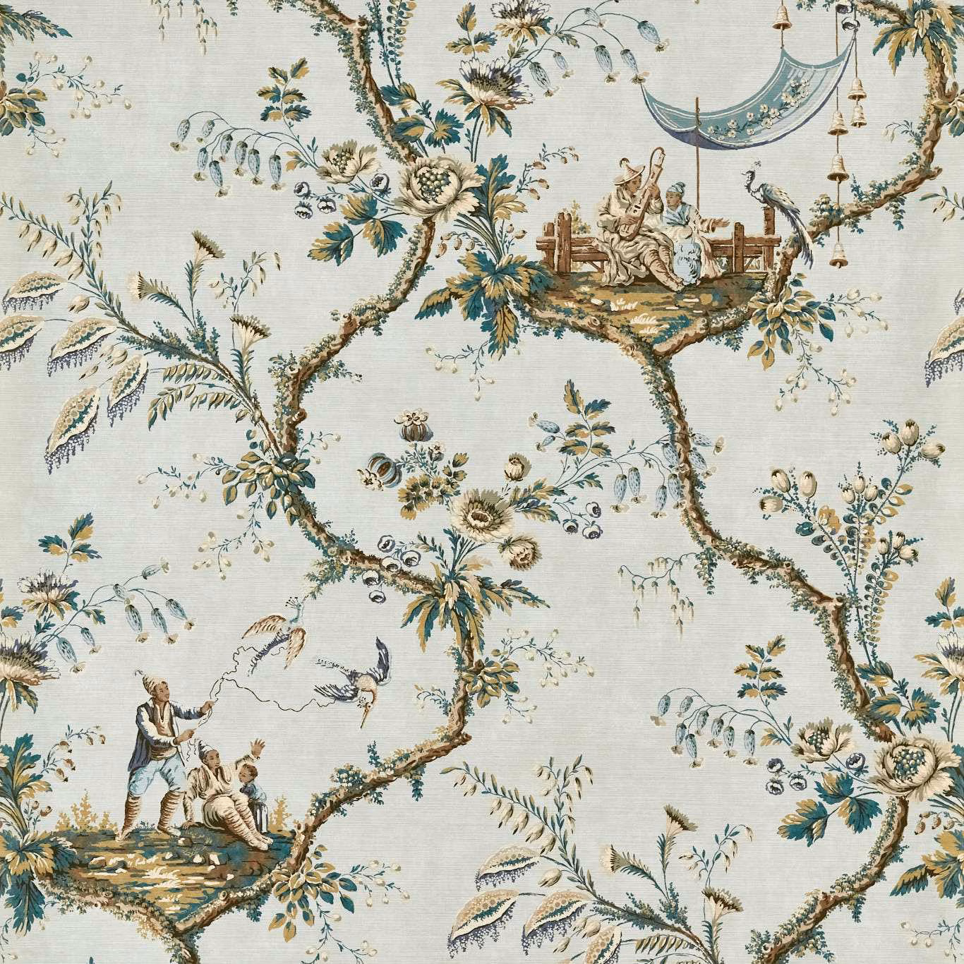 Pale blue-grey chinoiserie wallpaper with flowering branches, figures, birds and teal canopy