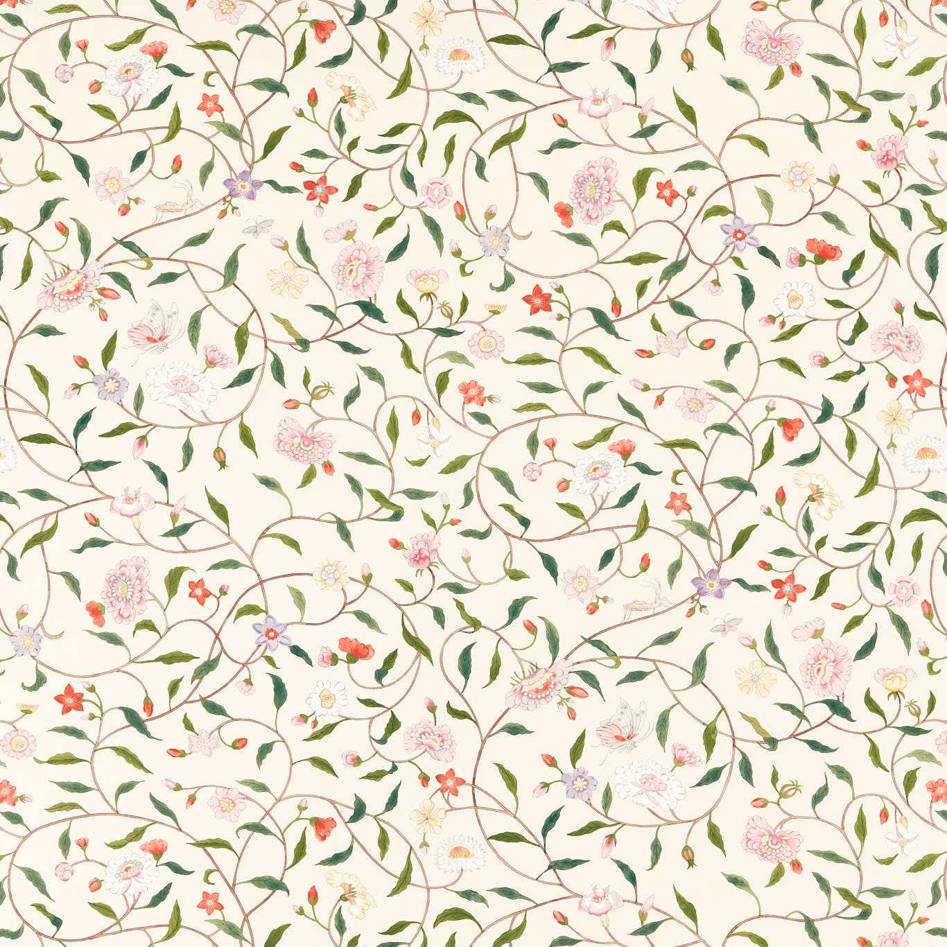 Perfect White wallpaper with winding green vines and pink, red and blue flowers