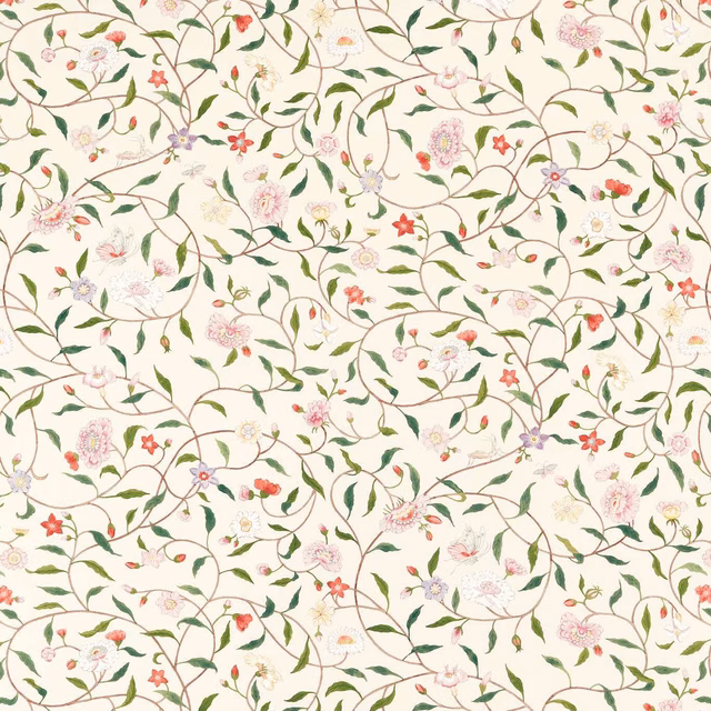 Perfect White wallpaper with winding green vines and pink, red and blue flowers