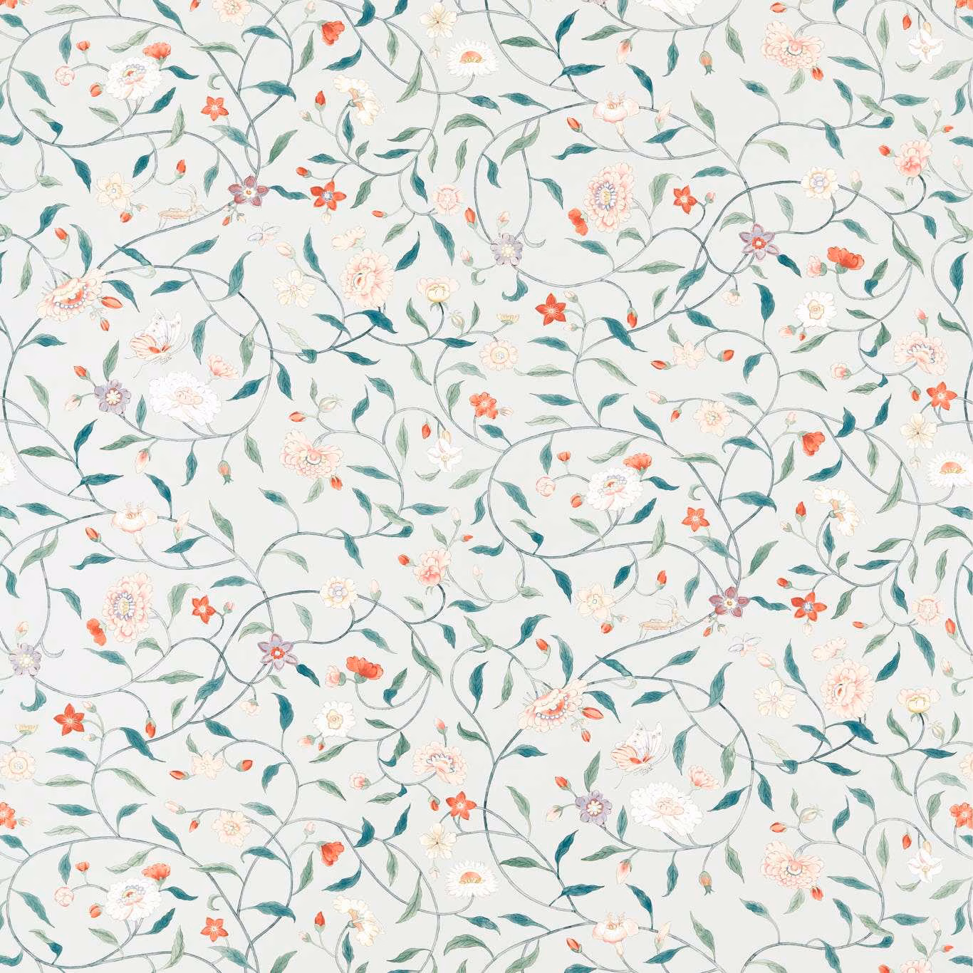 Pale blue-green wallpaper with winding teal vines and coral flowers