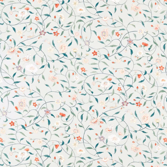 Pale blue-green wallpaper with winding teal vines and coral flowers