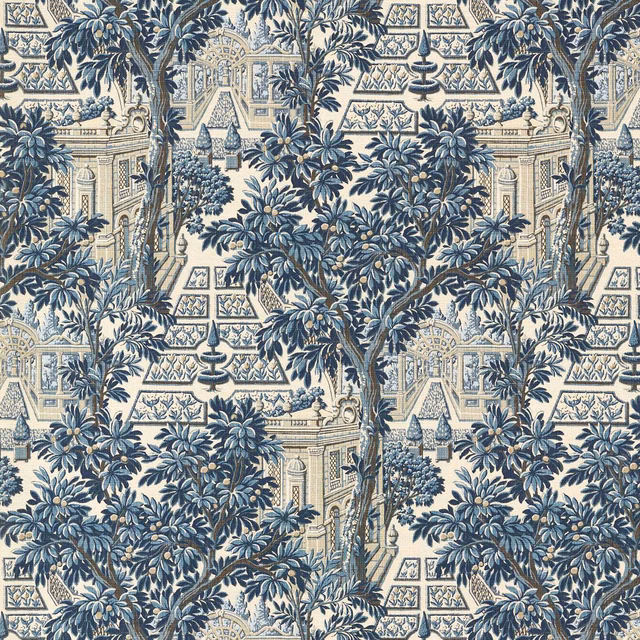 Indigo and cream garden scene with trees, fountains and classical pavilions