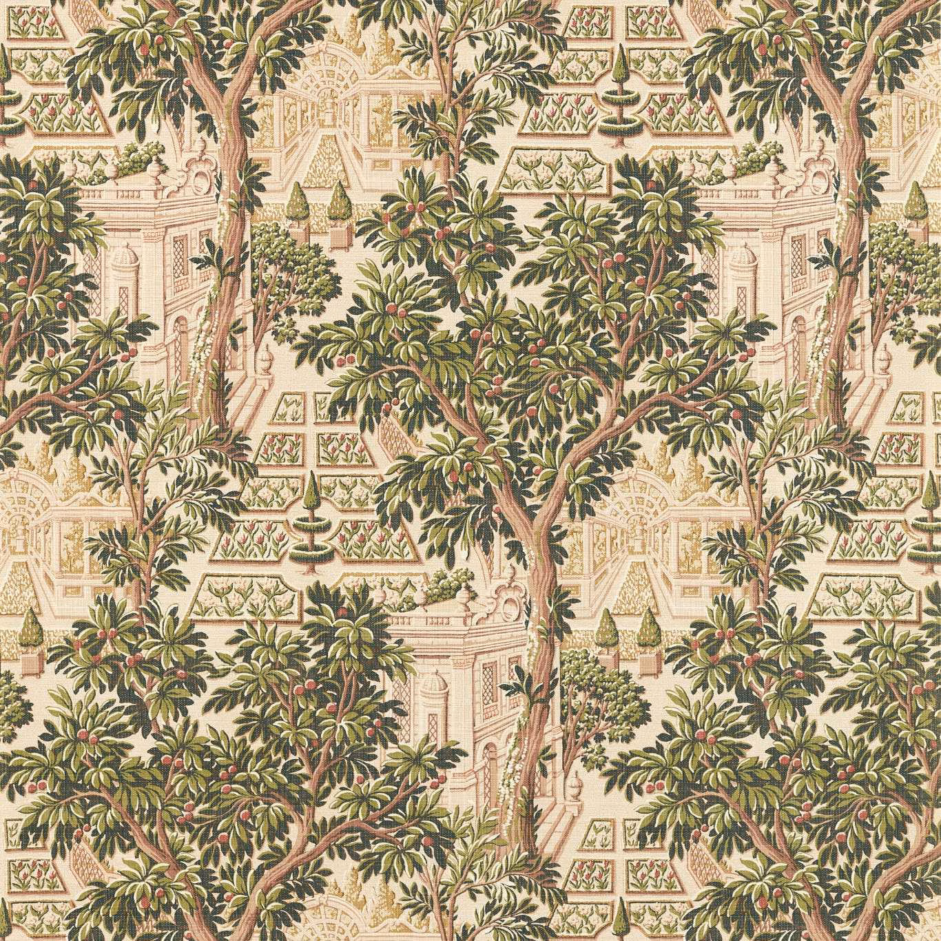 Tuscan pink wallpaper with olive trees, fountains and classical garden architecture