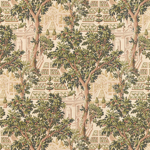 Tuscan pink wallpaper with olive trees, fountains and classical garden architecture