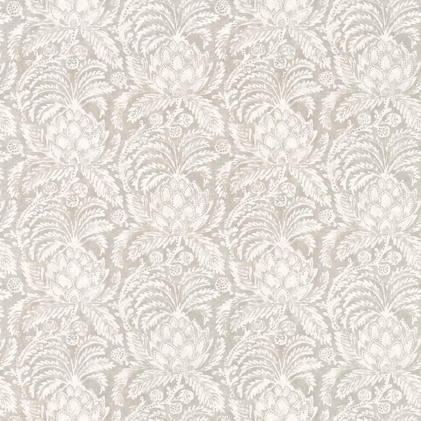 Soft Empire Grey wallpaper with ivory pineapple damask and leafy scrolling detail