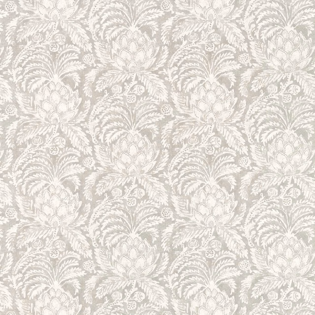 Soft Empire Grey wallpaper with ivory pineapple damask and leafy scrolling detail
