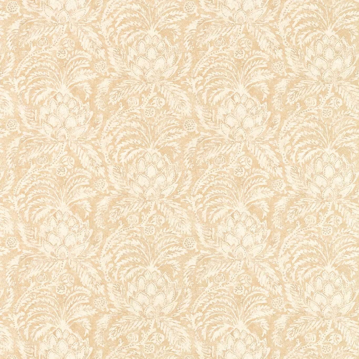 Warm ivory wallpaper with oatmeal scrolling foliage and repeated stylised fruit motifs