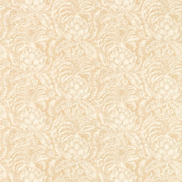 Warm ivory wallpaper with oatmeal scrolling foliage and repeated stylised fruit motifs