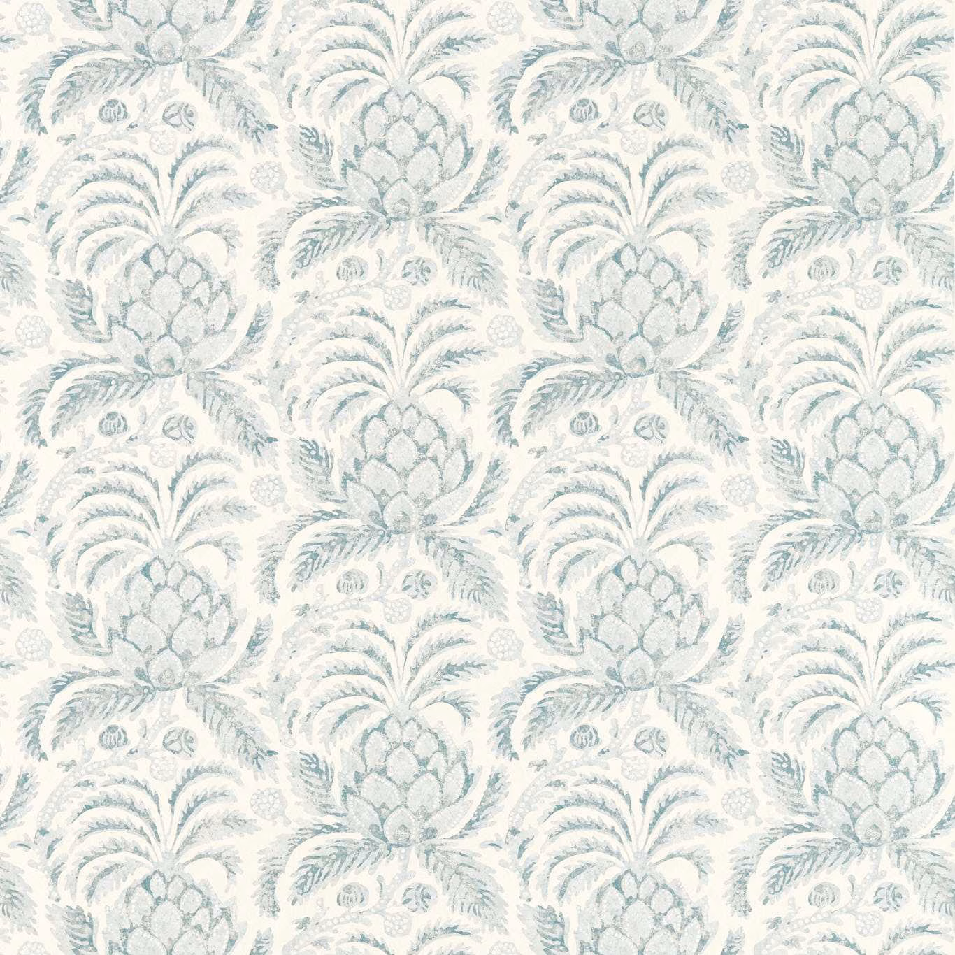 Pale Stockholm blue pineapple botanicals repeat across an ivory, softly mottled ground