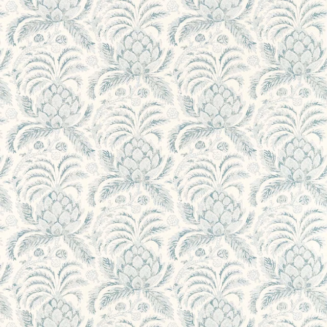 Pale Stockholm blue pineapple botanicals repeat across an ivory, softly mottled ground