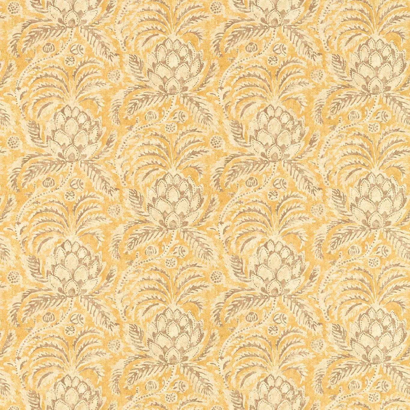 Warm gold wallpaper with cream botanical rosettes and taupe scrolling leaves