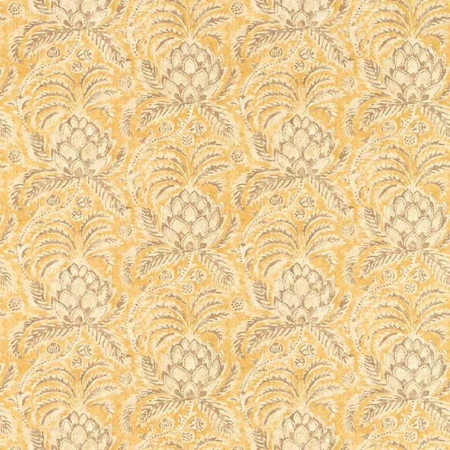 Warm gold wallpaper with cream botanical rosettes and taupe scrolling leaves