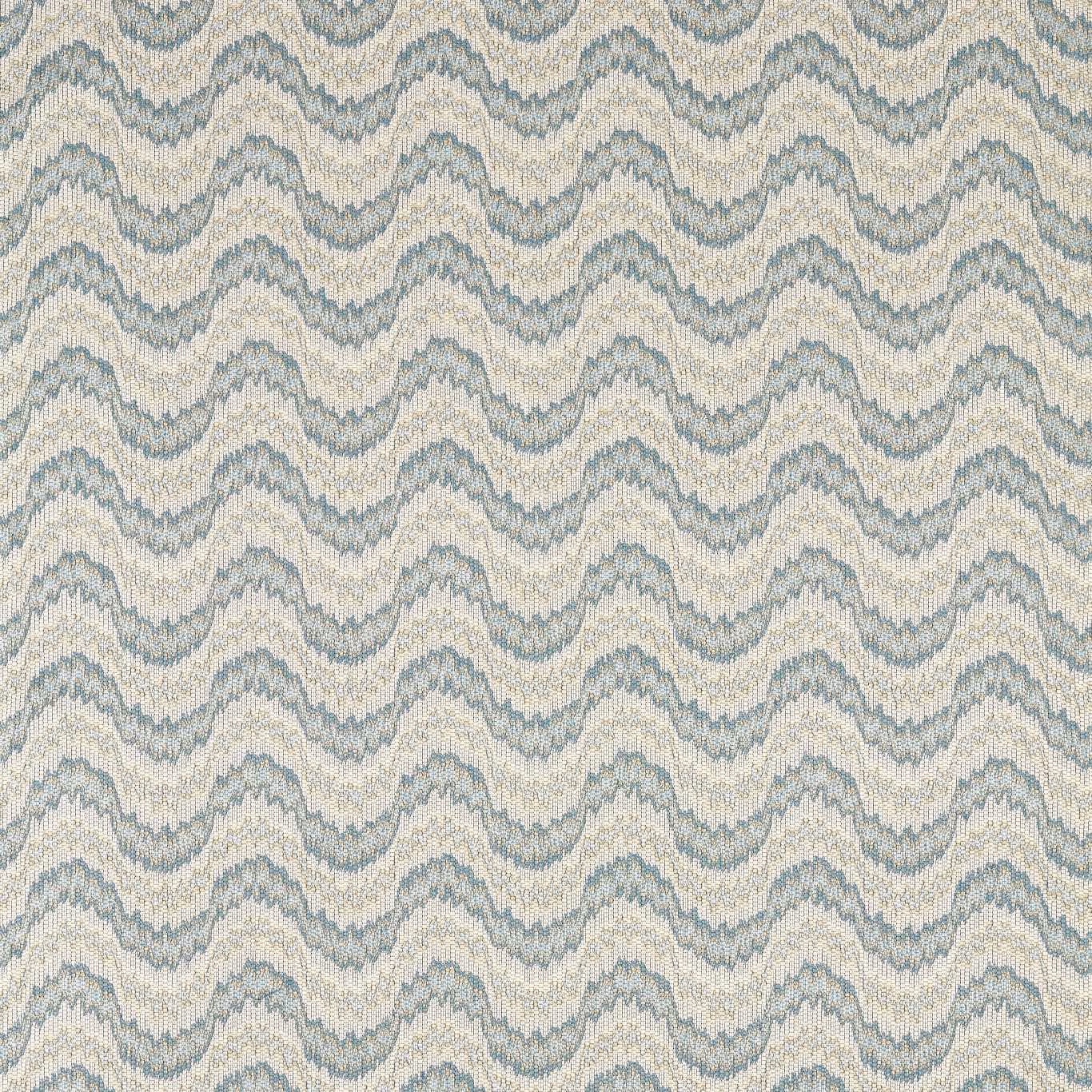 Muted blue-grey flamestitch waves over a pale stone woven ground
