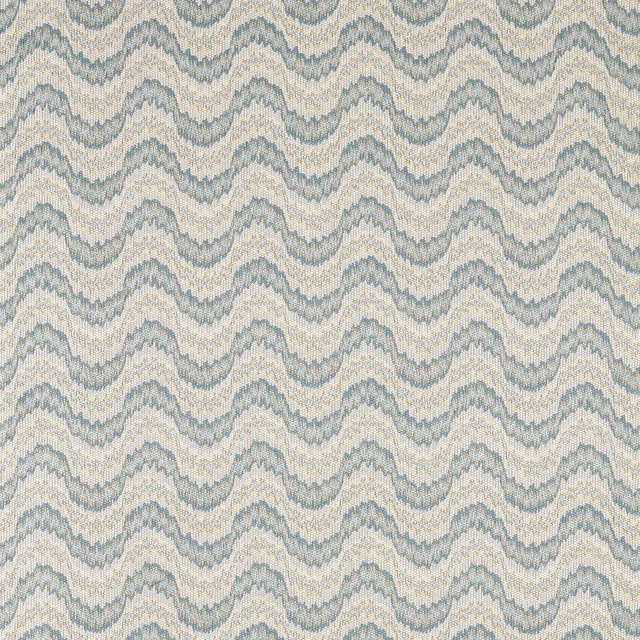 Muted blue-grey flamestitch waves over a pale stone woven ground
