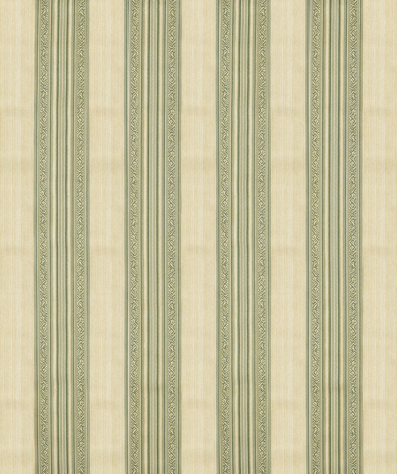 Muted evergreen and oat striped woven fabric with fine scrolling vertical bands