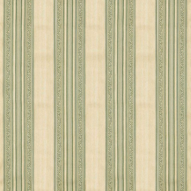 Muted evergreen and oat striped woven fabric with fine scrolling vertical bands
