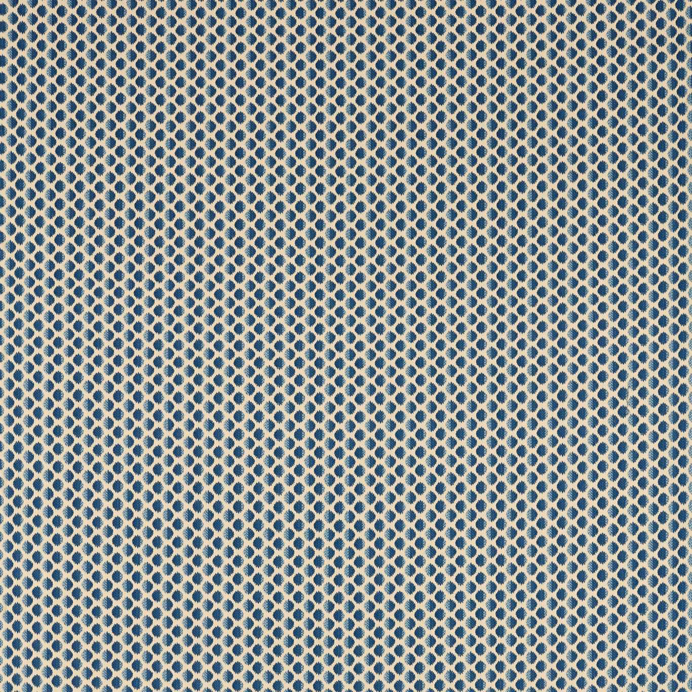 Muted indigo and cream woven fabric with a fine repeating oval lattice pattern