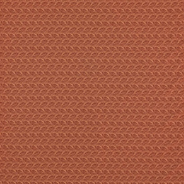 Muted cochineal red damask fabric with dense scalloped fan motifs and fine woven texture