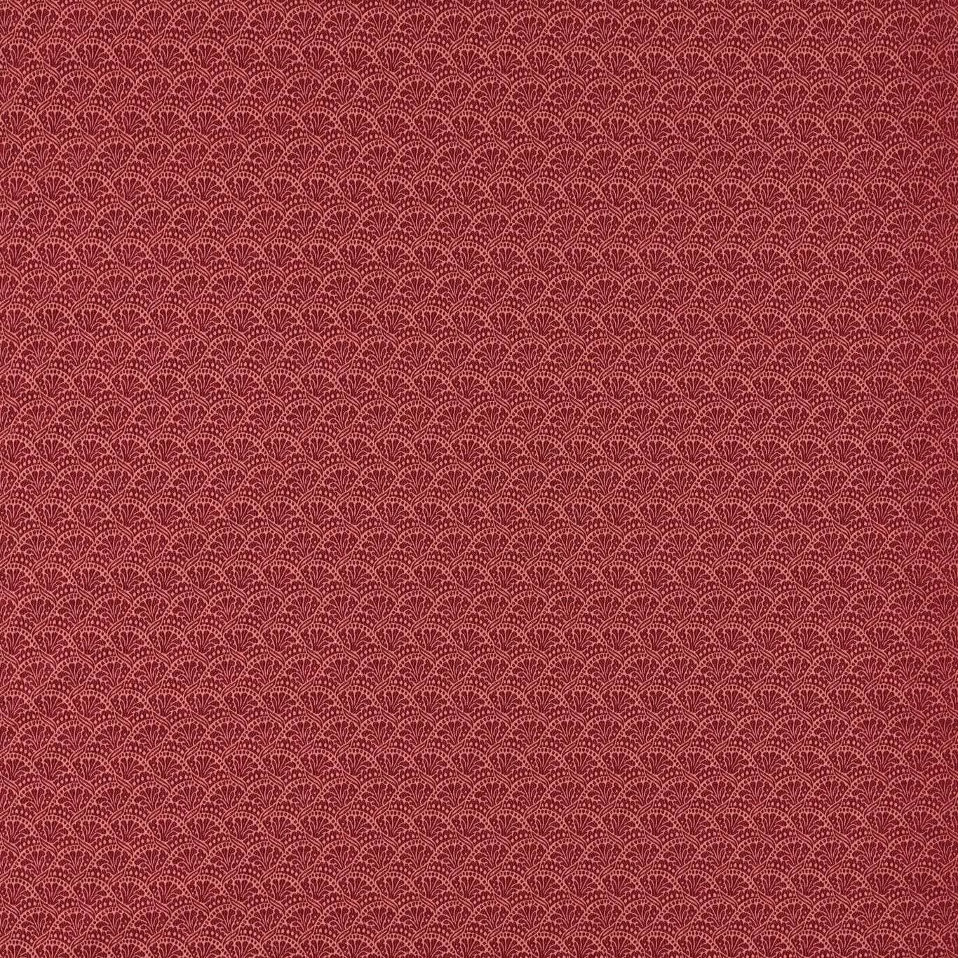 Deep crimson woven damask with closely spaced tonal fan and scallop motifs