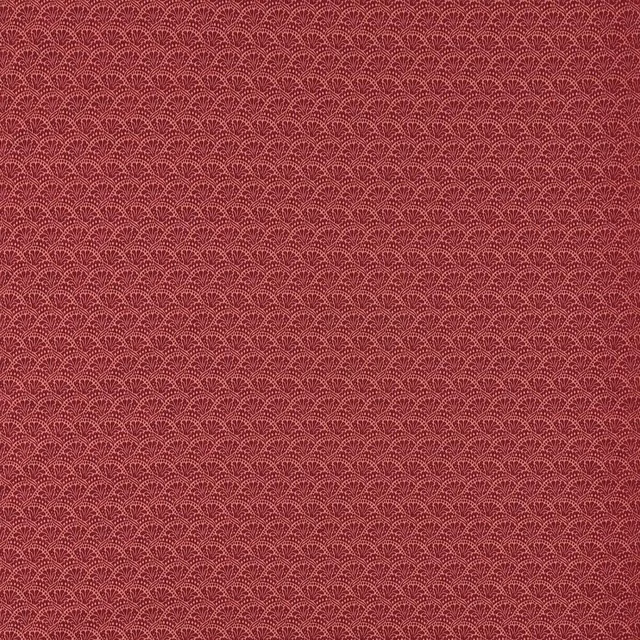 Deep crimson woven damask with closely spaced tonal fan and scallop motifs