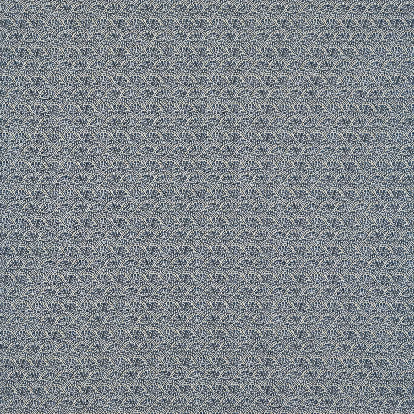Muted indigo blue woven damask with repeating pale scalloped fan motifs