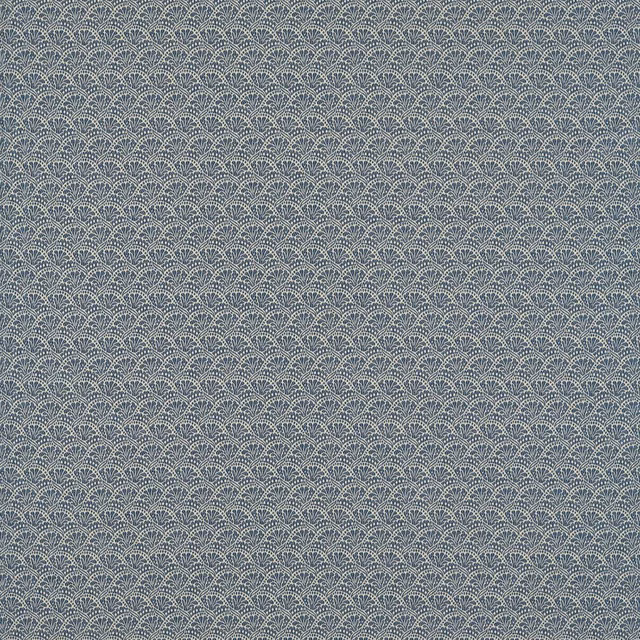 Muted indigo blue woven damask with repeating pale scalloped fan motifs