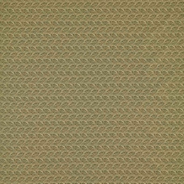 Muted olive woven damask with tiny scalloped fan motifs in a dense tonal field