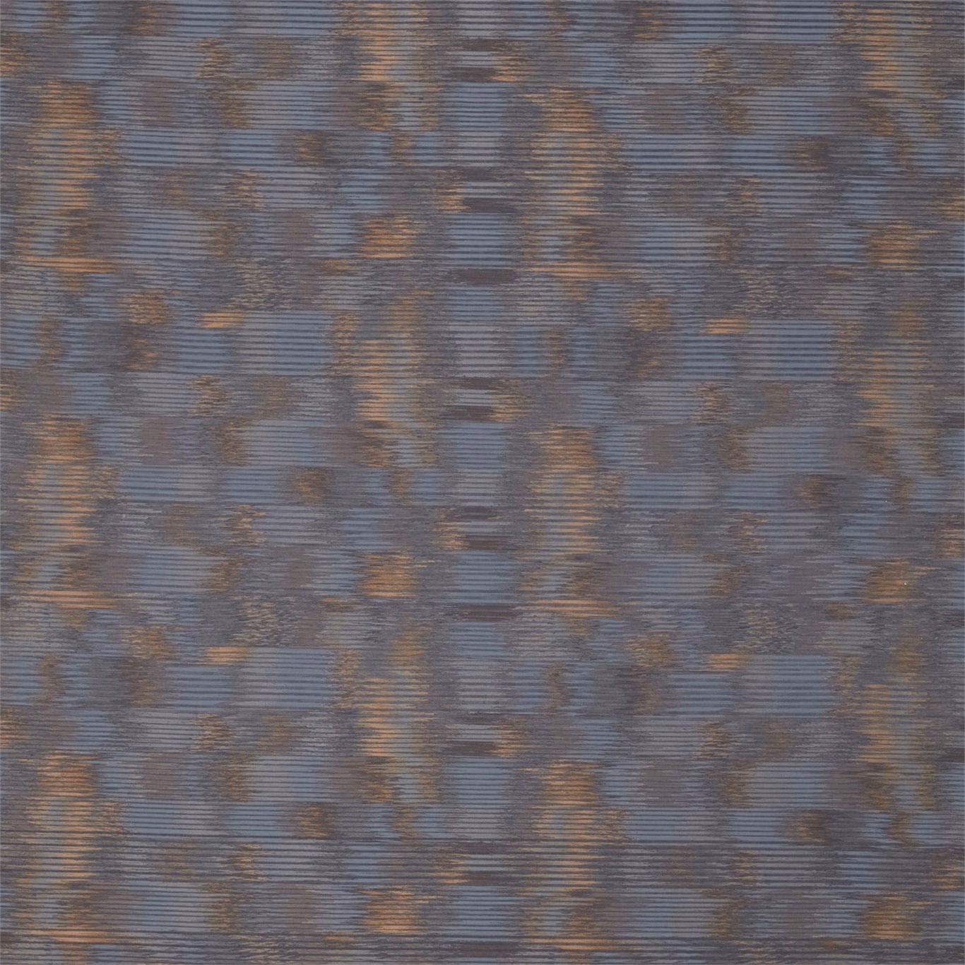 Blue-grey woven fabric with irregular umber markings and fine horizontal texture