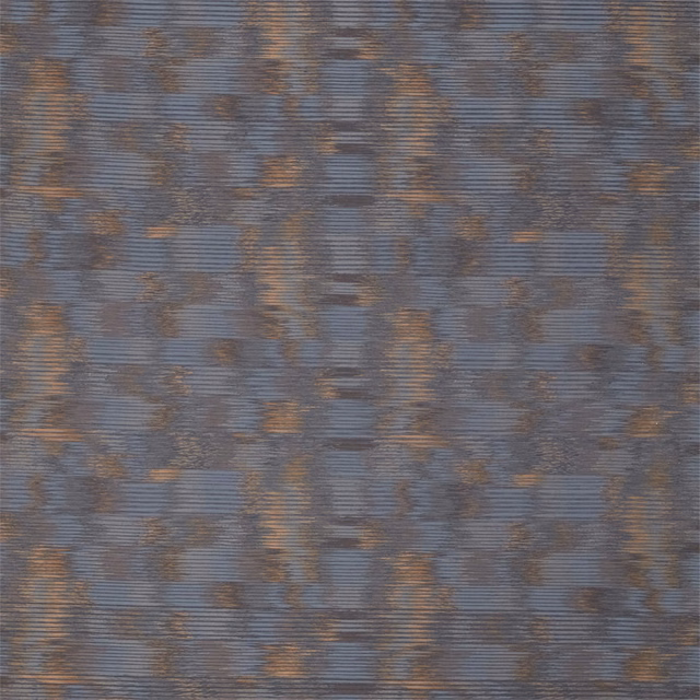 Blue-grey woven fabric with irregular umber markings and fine horizontal texture