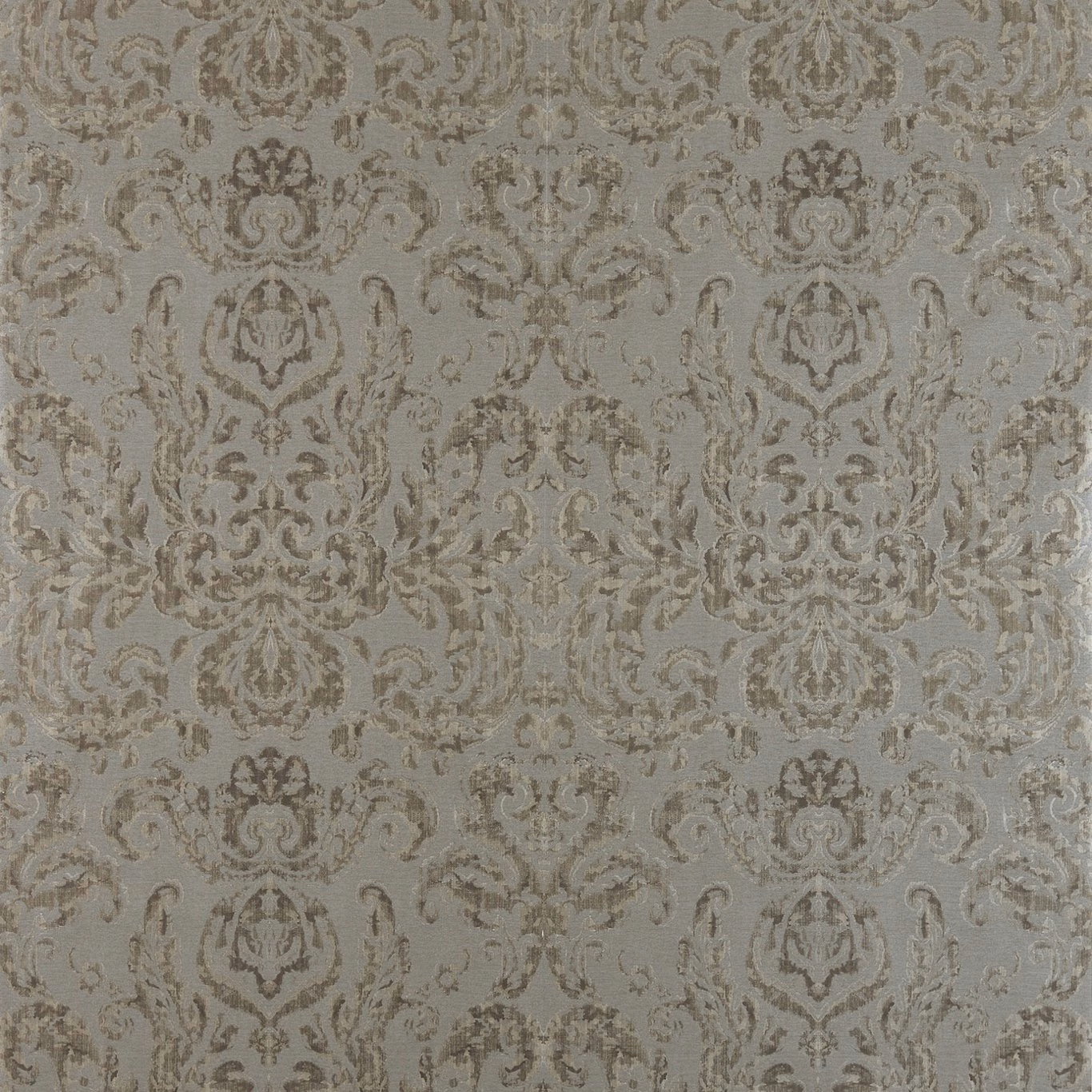 Muted blue-grey damask wallpaper with taupe-brown scrollwork and burnished medallions